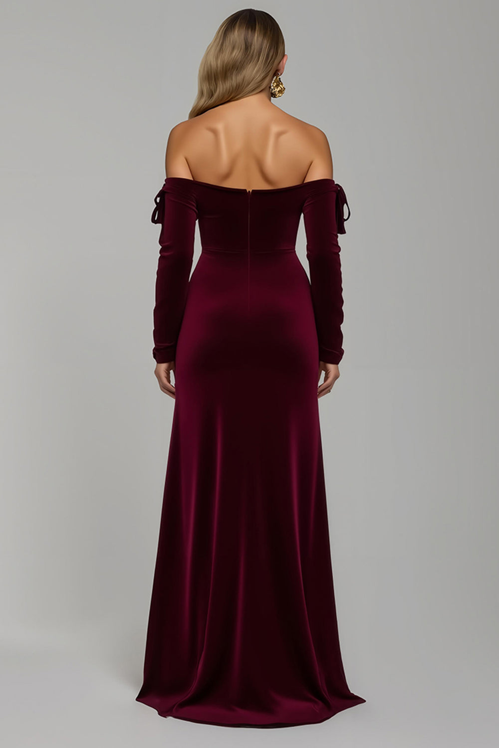 Burgundy Sheath Velvet Off the Shoulder Long Holiday Party Dress with Slit