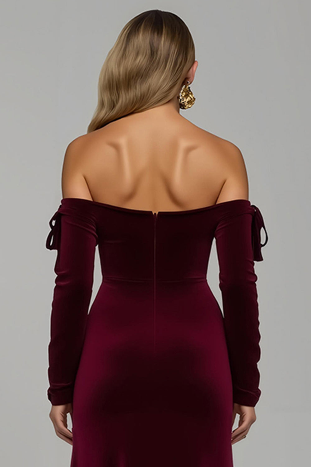 Burgundy Sheath Velvet Off the Shoulder Long Holiday Party Dress with Slit