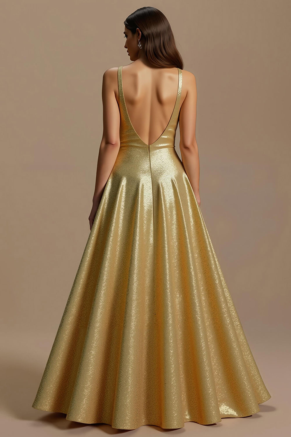 Sparkly Golden A Line Sequin V-Neck Long Holiday Party Dress
