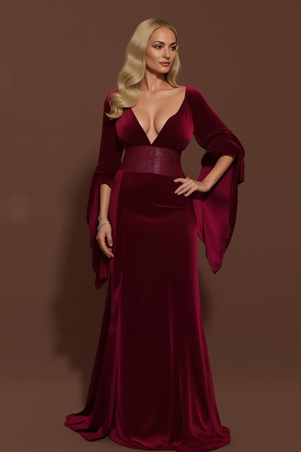 Burgundy Velvet V-Neck Mermaid Long Holiday Party Dress with Sleeves