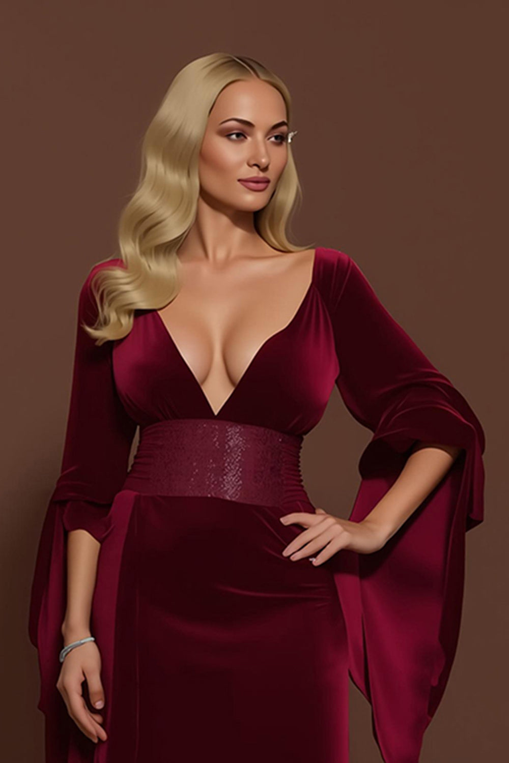 Burgundy Velvet V-Neck Mermaid Long Holiday Party Dress with Sleeves
