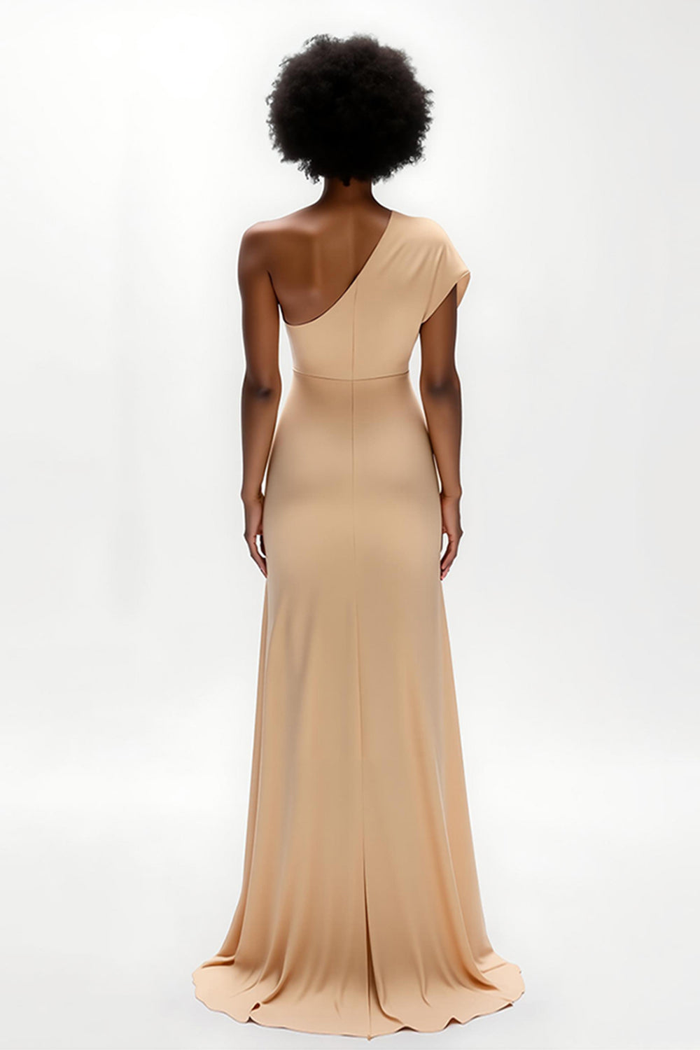 Champagne Sheath Satin One Shoulder Long Wedding Guest Dress