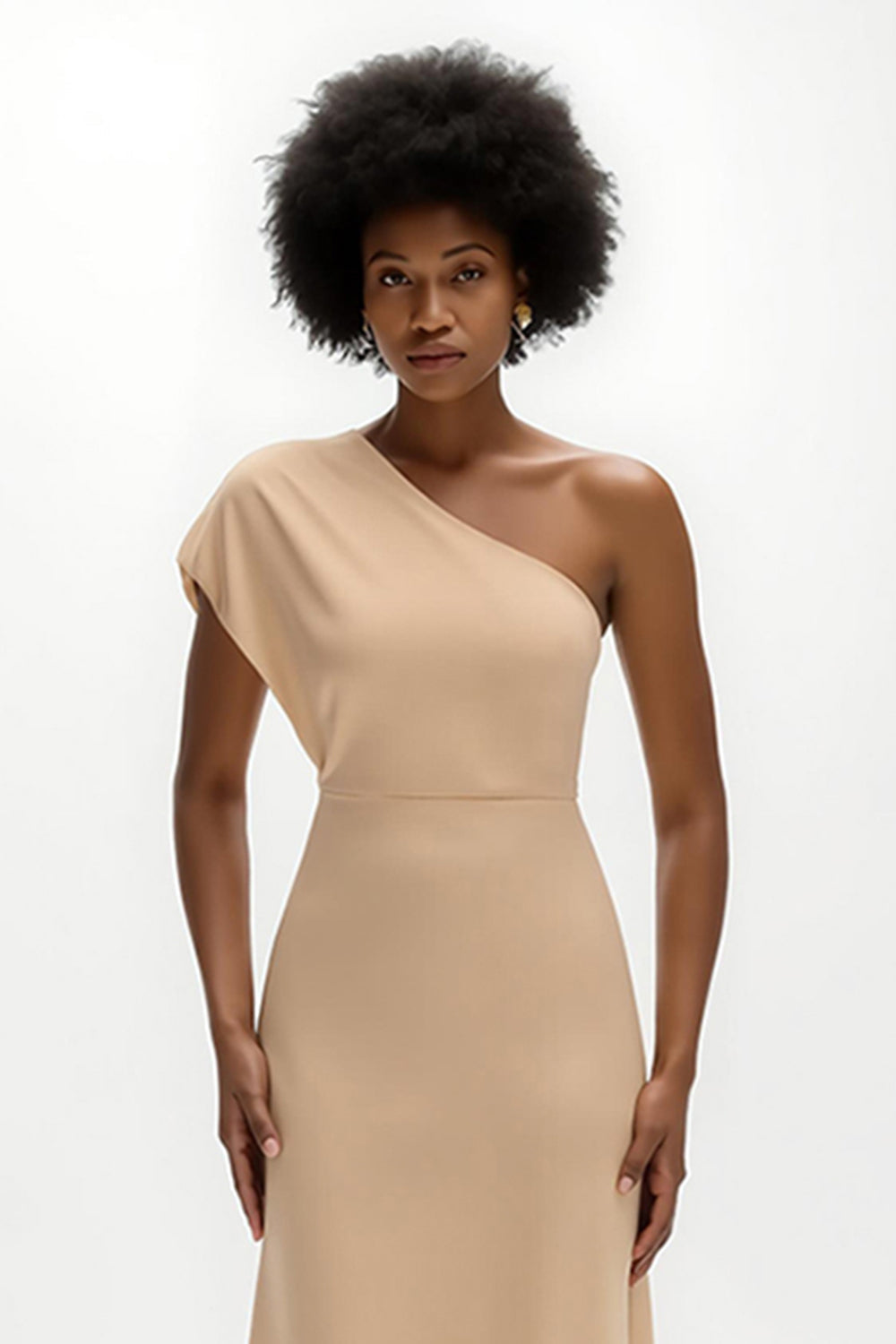 Champagne Sheath Satin One Shoulder Long Wedding Guest Dress