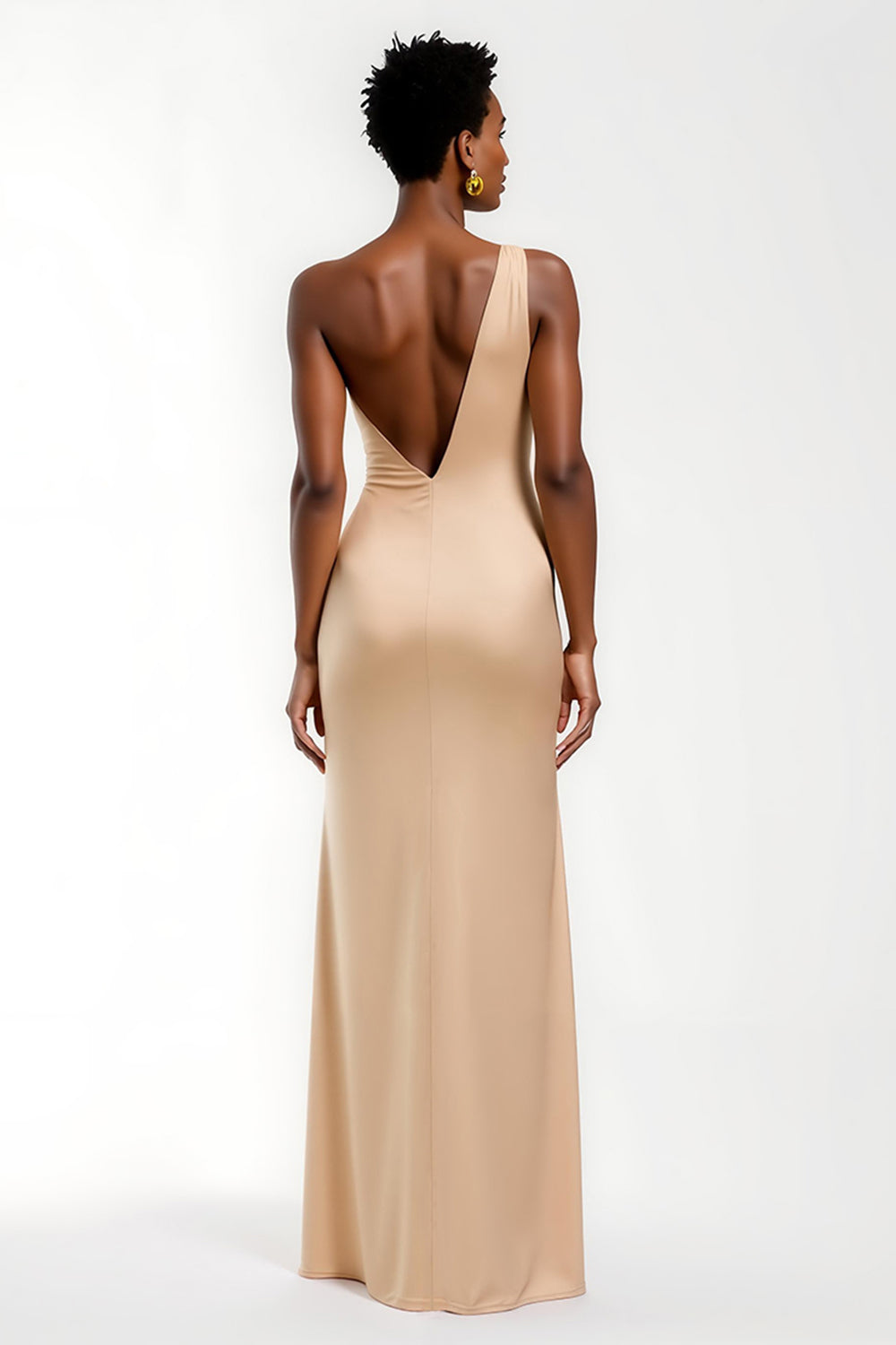 Champagne One Shoulder Satin Long Wedding Guest Dress with Slit