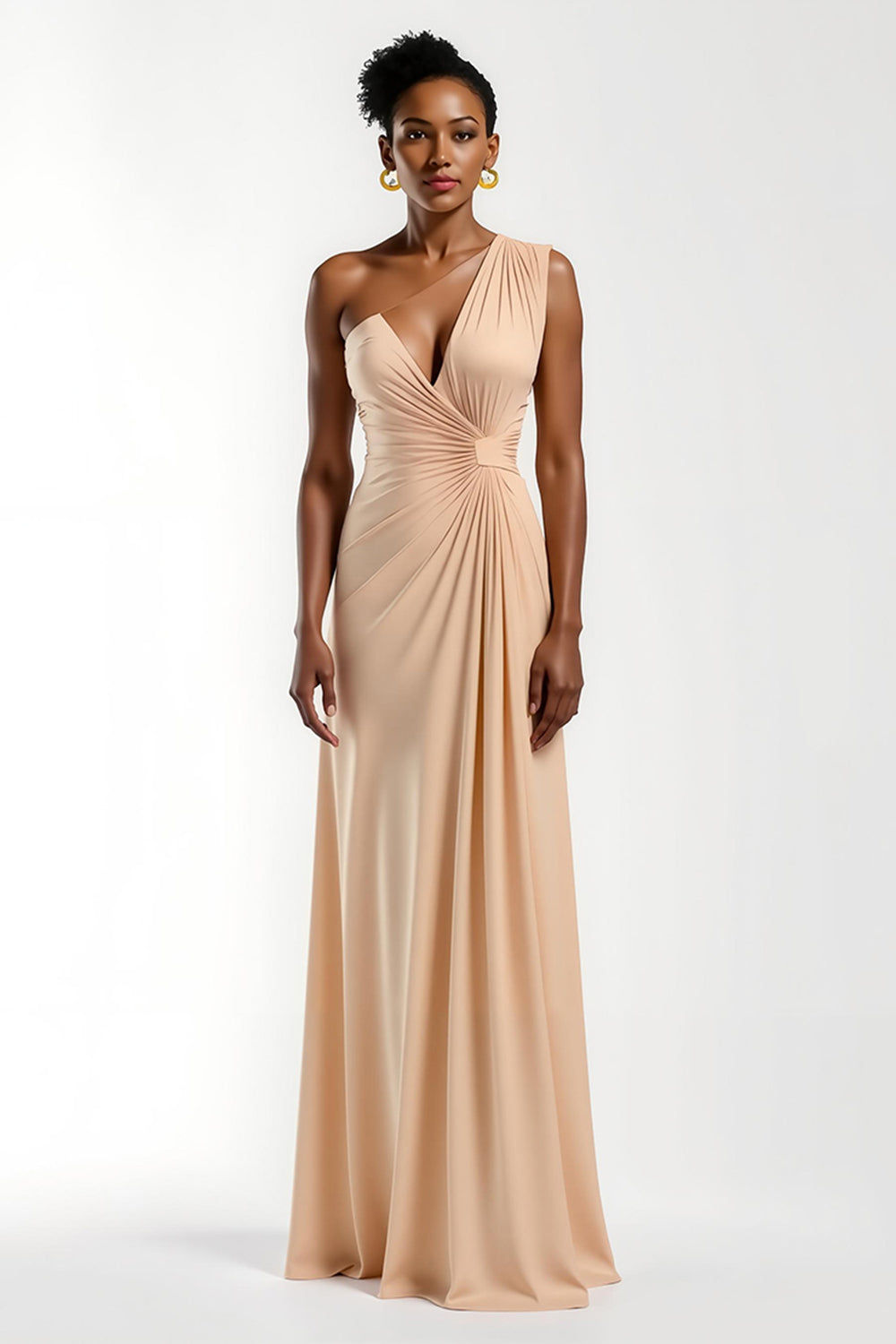 Champagne Satin Ruched Sheath Long Wedding Guest Dress