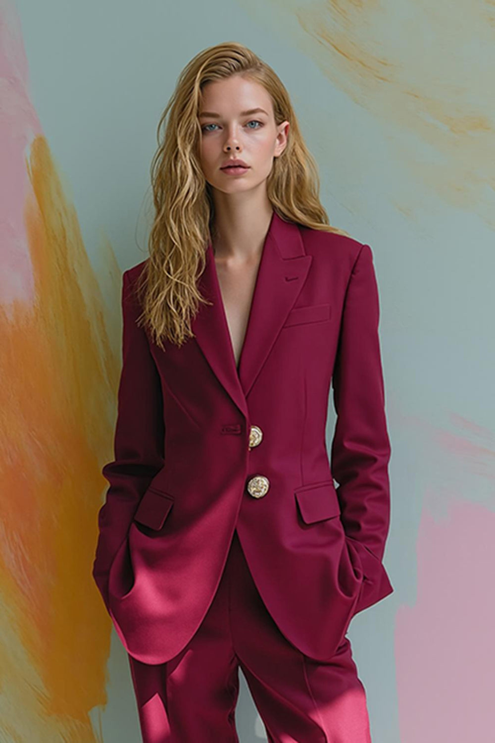 Burgundy Peak Lapel Satin 2 Piece Prom Suits with Pockets