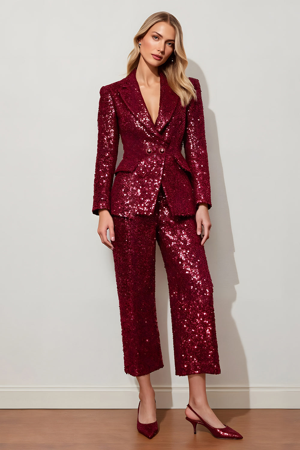 Sparkly Burgundy Sequins 2 Piece Women Prom Suits