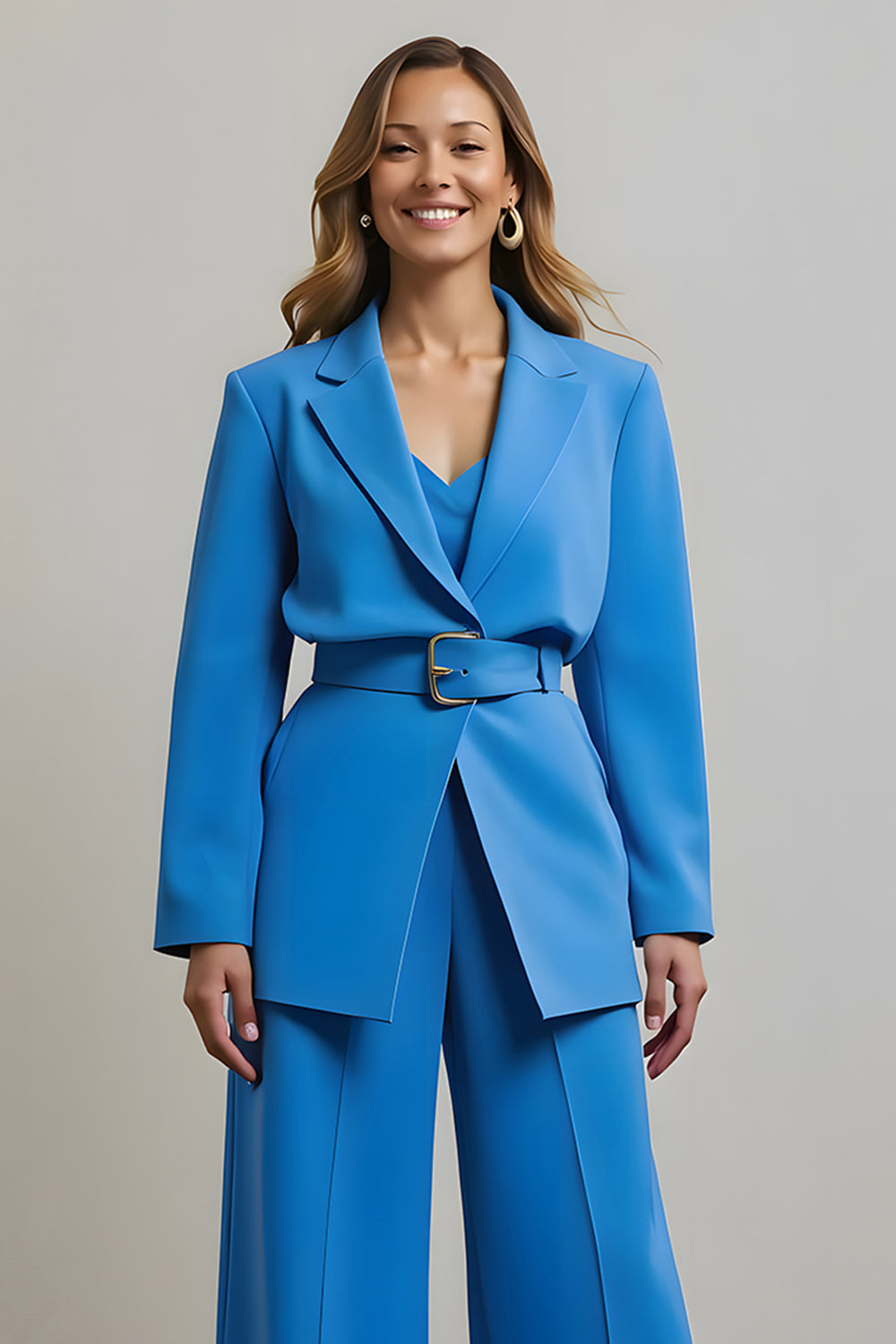 Blue Notched Lapel 2 Piece Women Prom Suits with Belts
