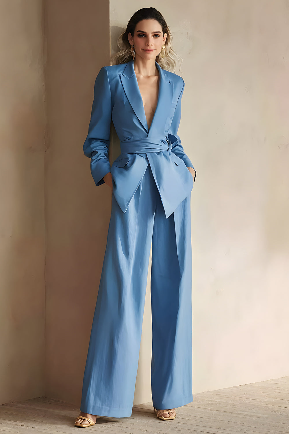 Blue 2 Piece Peak Lapel Women Prom Suits with Sash