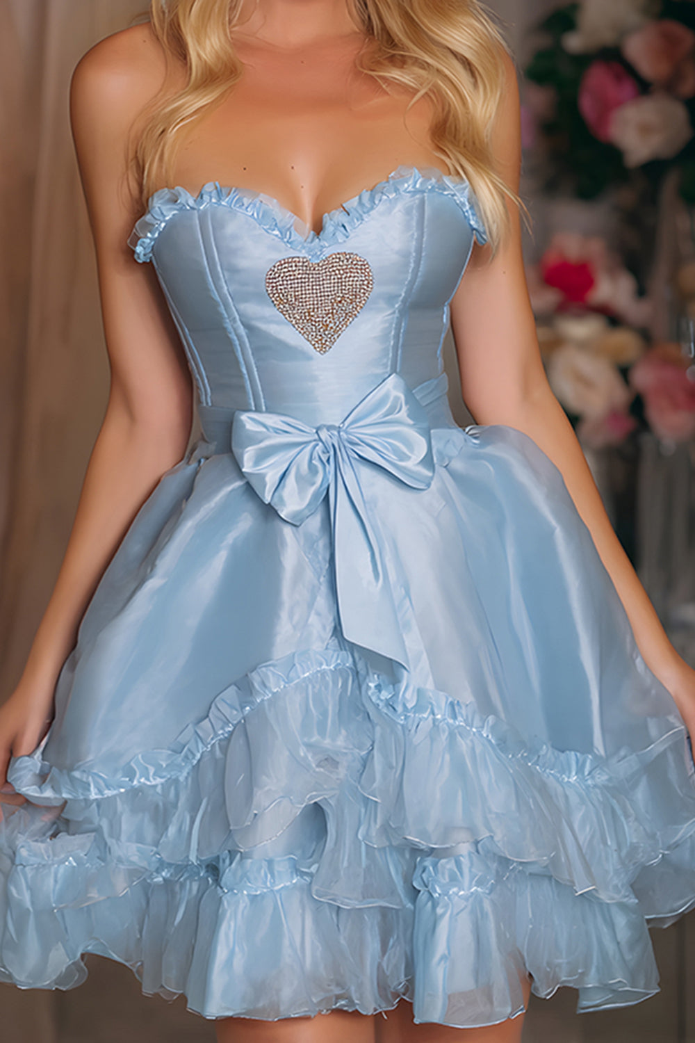 Blue Satin A-Line Tiered Short Corset Homecoming Dress