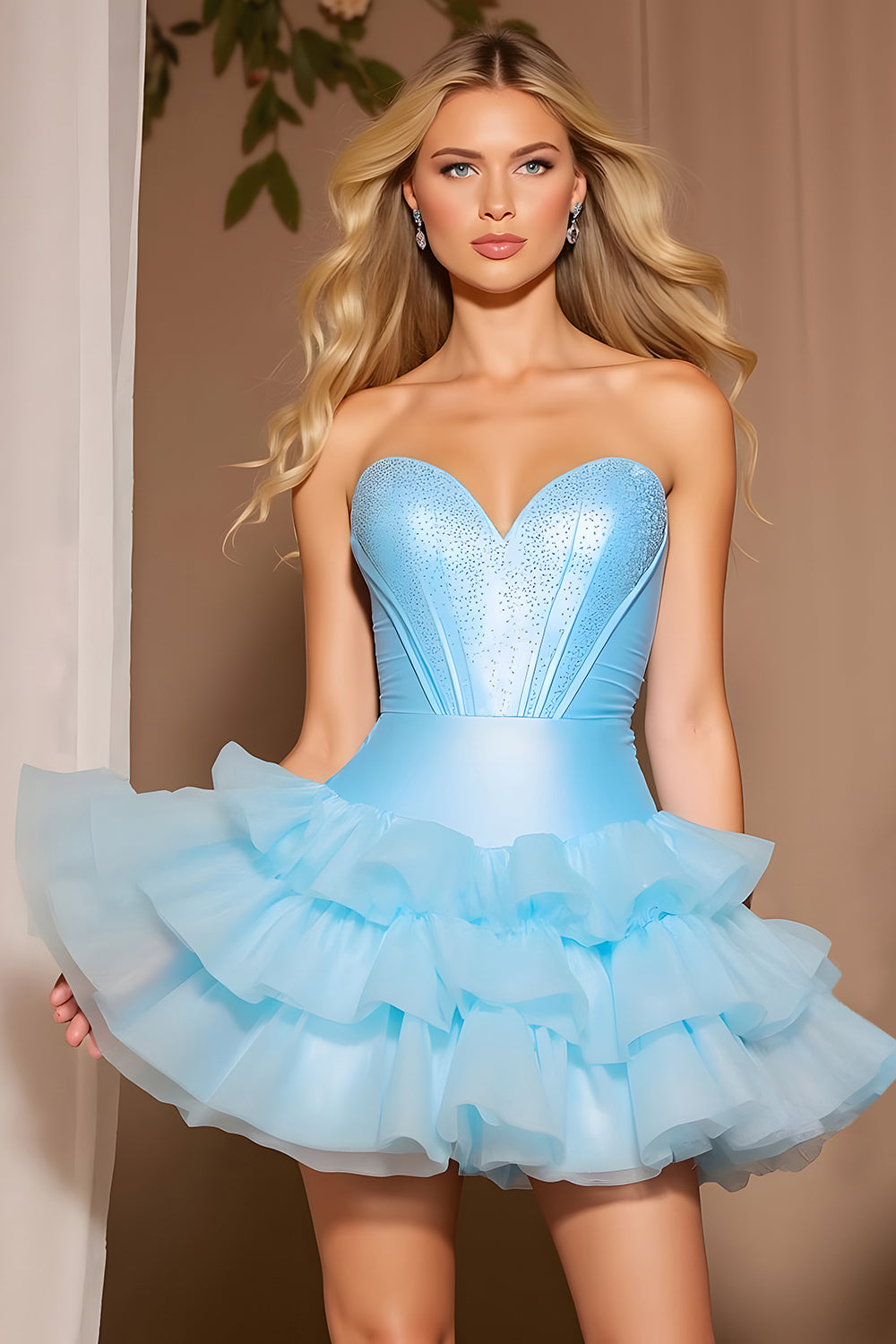 Sparkly Blue Corset Tiered Short Homecoming Dress with Beading