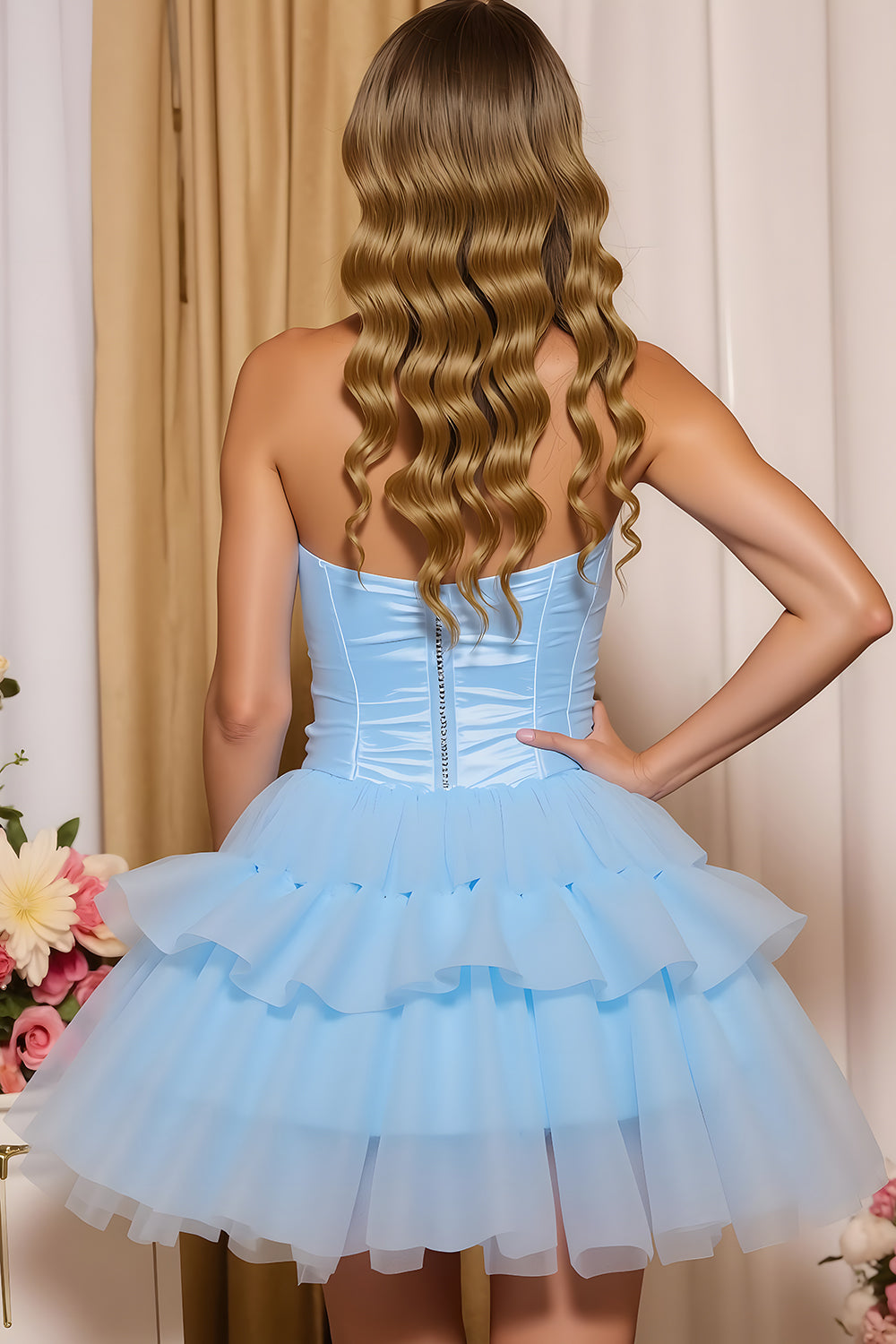 Blue A Line Ruffled Sweetheart Short Homecoming Dress with Bow