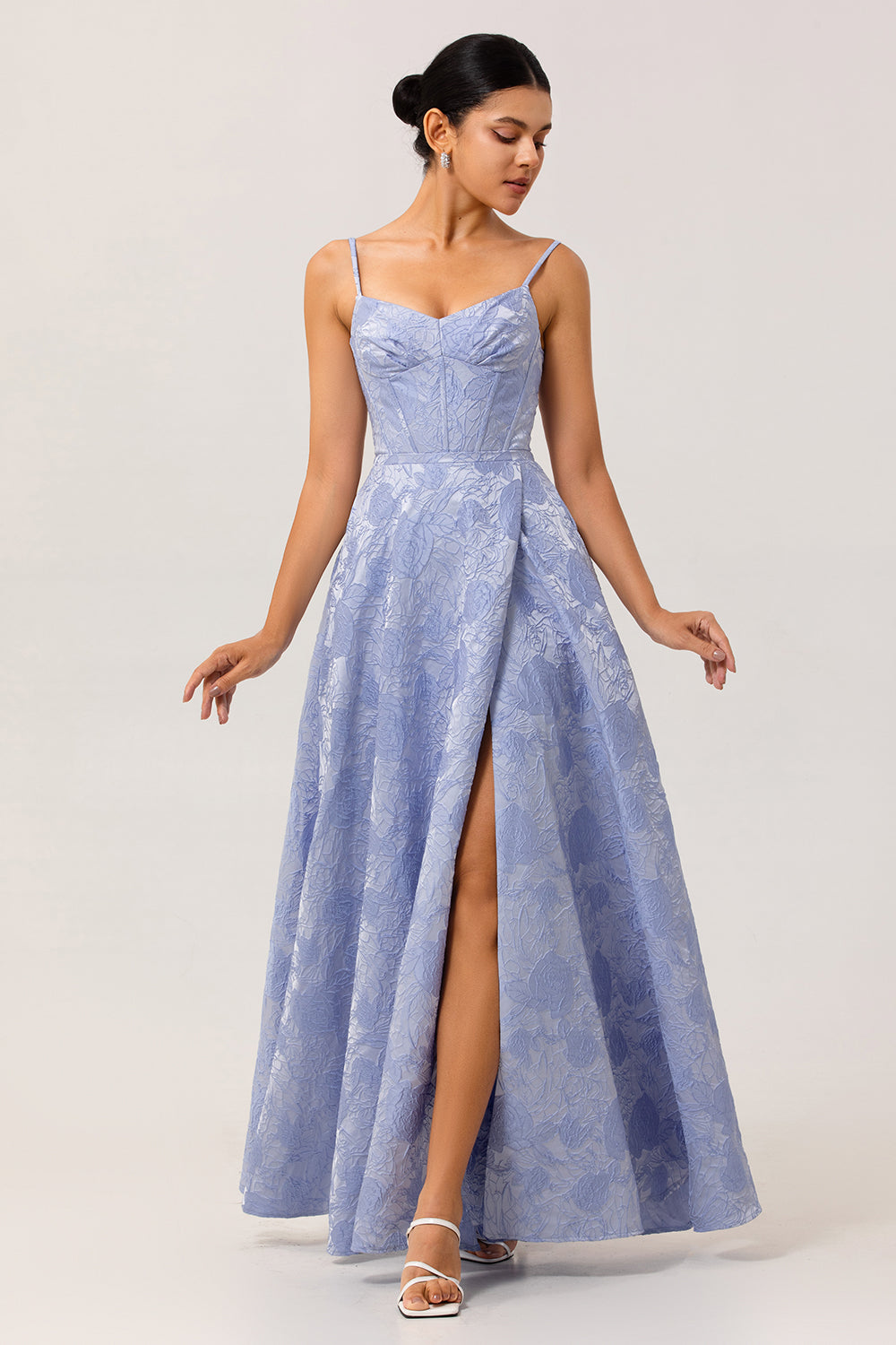 Blue A Line Spaghetti Straps Brocade Corset Prom Dress with Slit