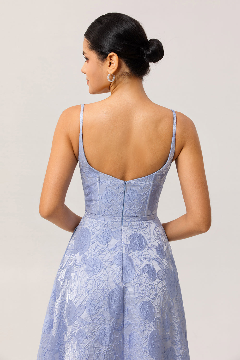 Blue A Line Spaghetti Straps Brocade Corset Prom Dress with Slit