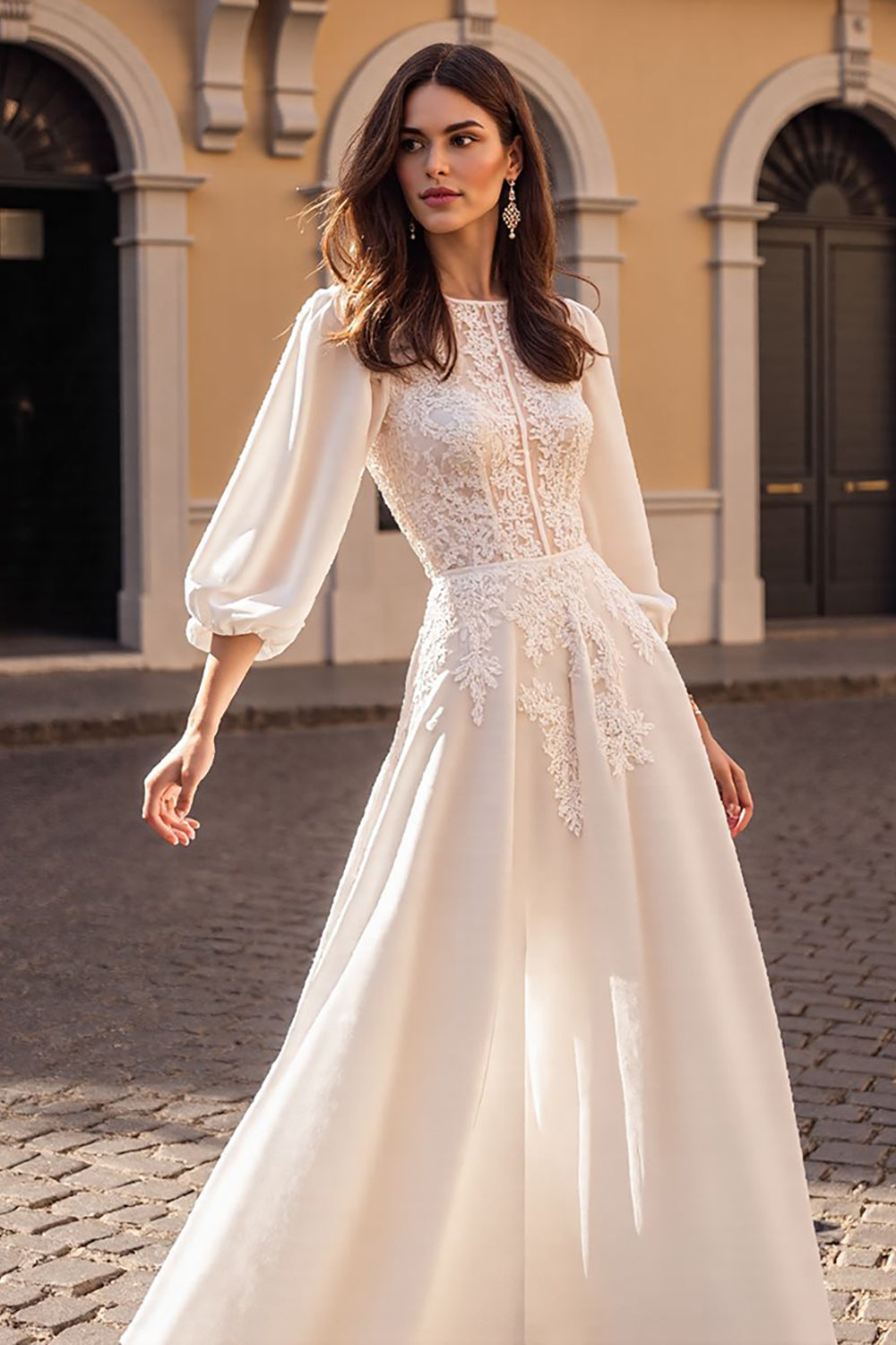 Ivory A Line Long Sleeves Appliqued Wedding Dress