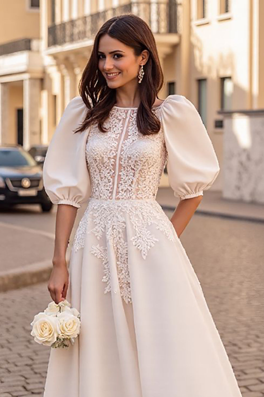 Ivory A Line Long Sleeves Appliqued Wedding Dress
