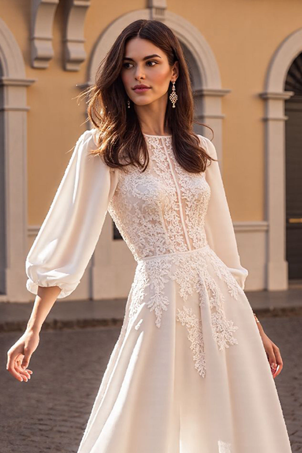 Ivory A Line Long Sleeves Appliqued Wedding Dress