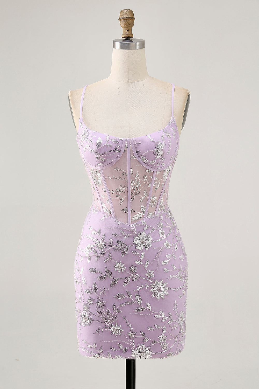 Sparkly Lilac Corset Floral Tight Short Homecoming Dress with Sequins
