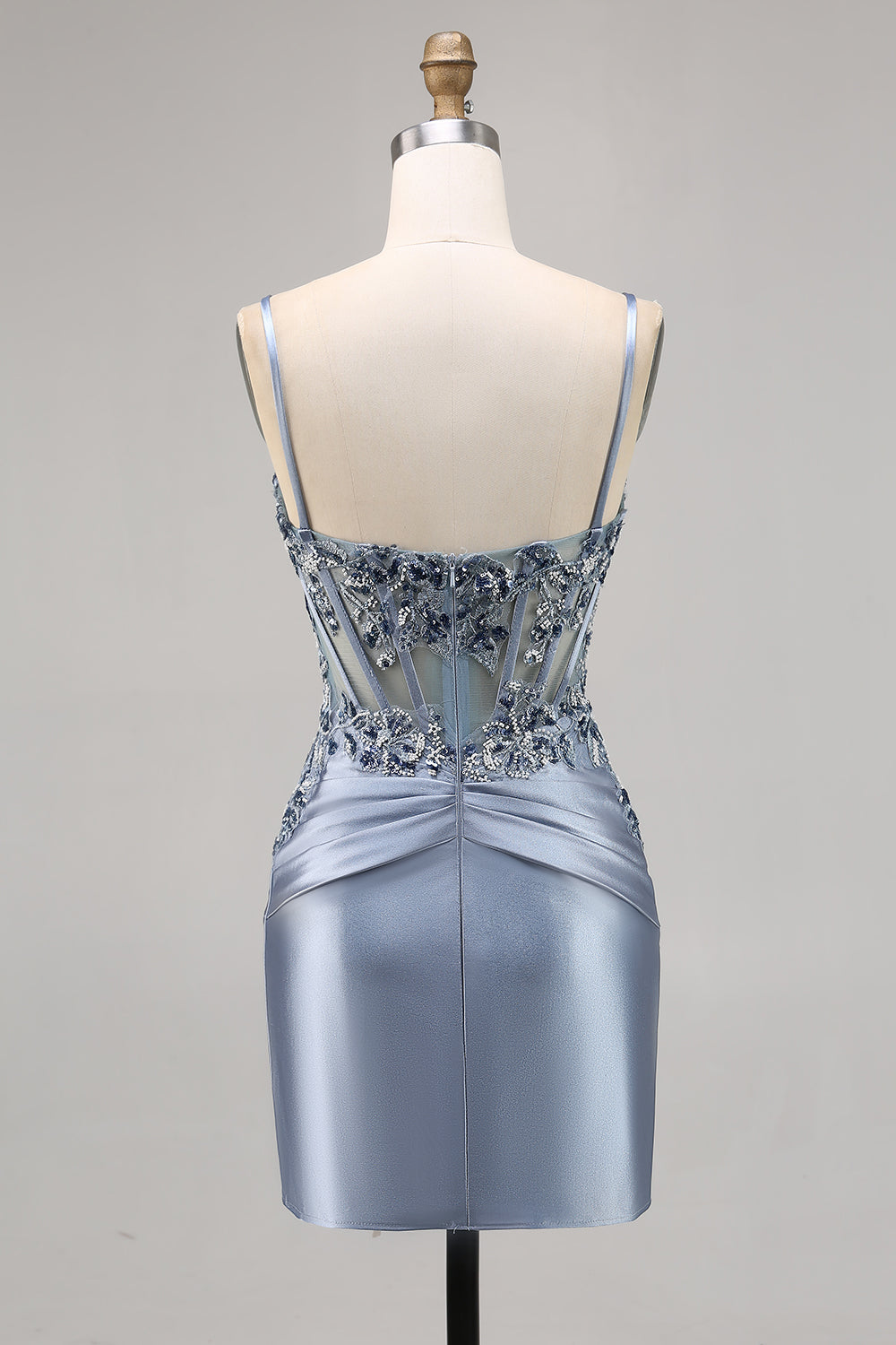 Grey Blue Corset Tight Short Satin Homecoming Dress with Appliques