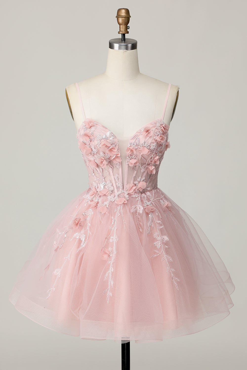 Pink  Floral Spaghetti Straps Corset A Line Short Homecoming Dress