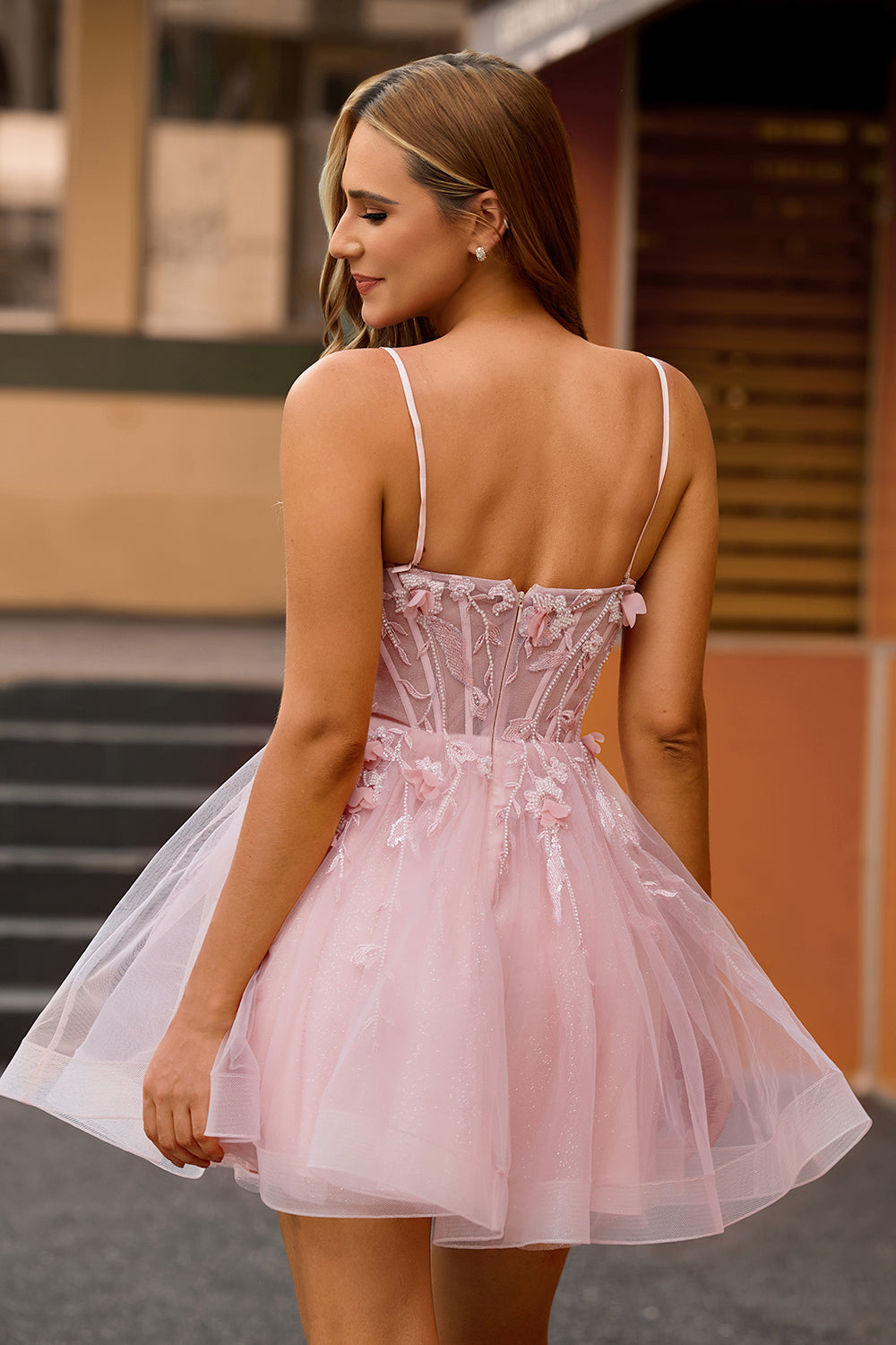 Pink  Floral Spaghetti Straps Corset A Line Short Homecoming Dress