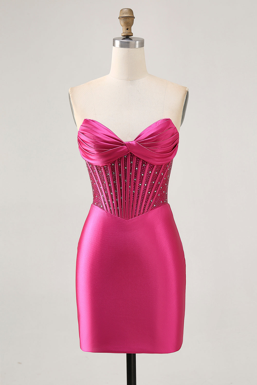 Sparkly Fuchsia Tight Satin Corset Short Homecoming Dress with Beading