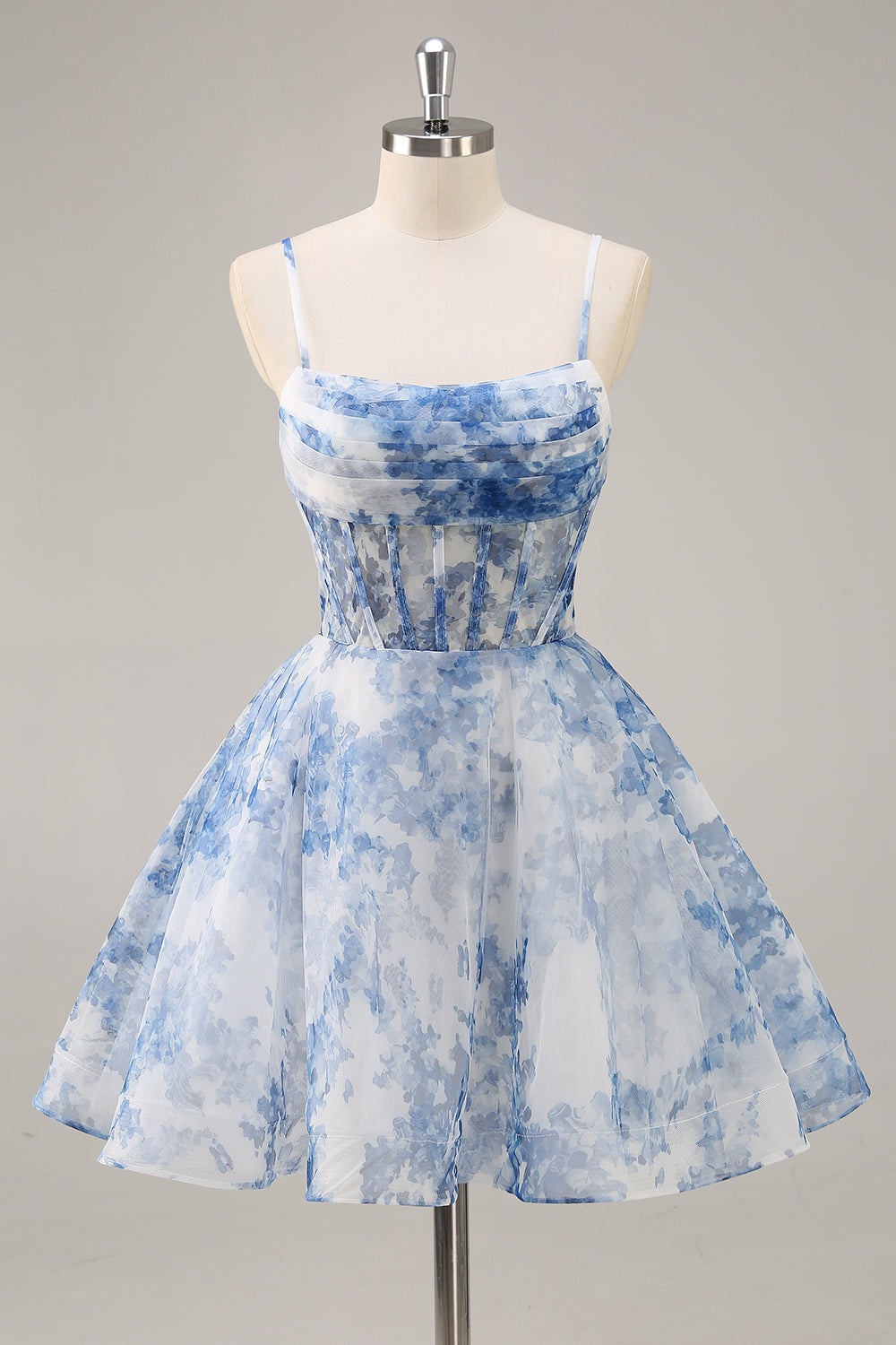 White and Blue Corset Floral A Line Short Homecoming Dress