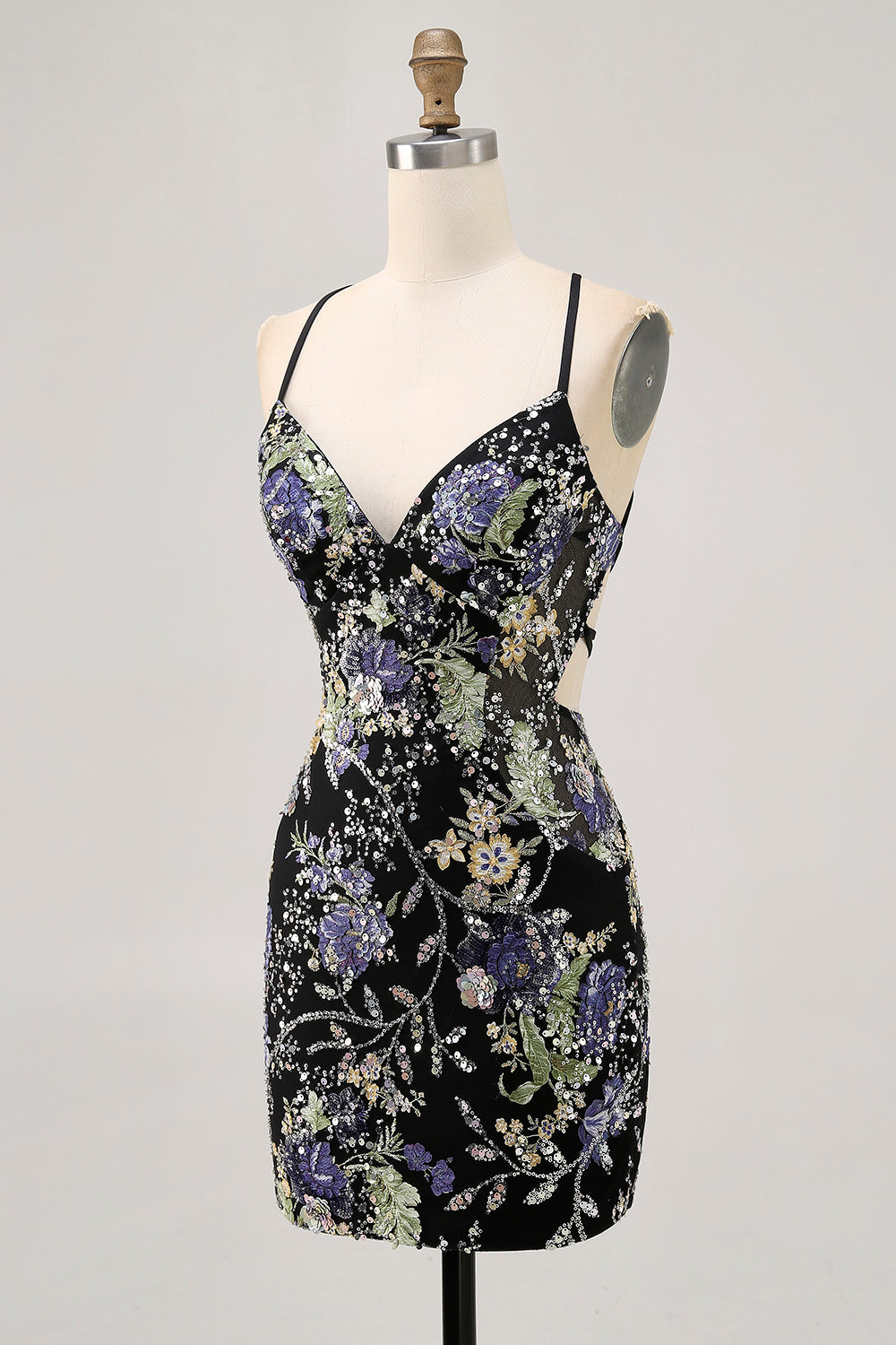 Sparkly Black Beaded Floral Short Tight Homecoming Dress with Sequins