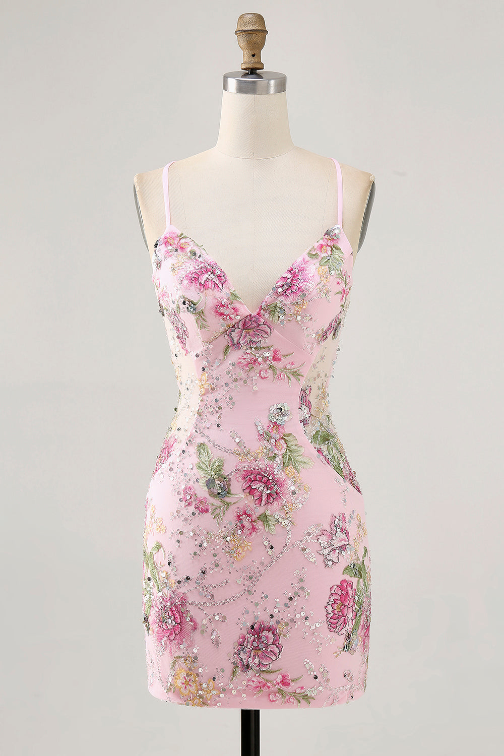 Pink Bodycon Short Floral Homecoming Dress with Sequins