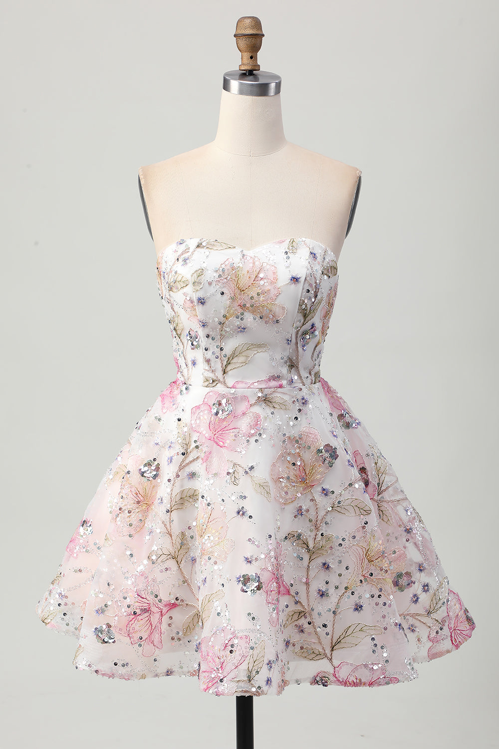 Sparkly Pink Floral Short A Line Homecoming Dress