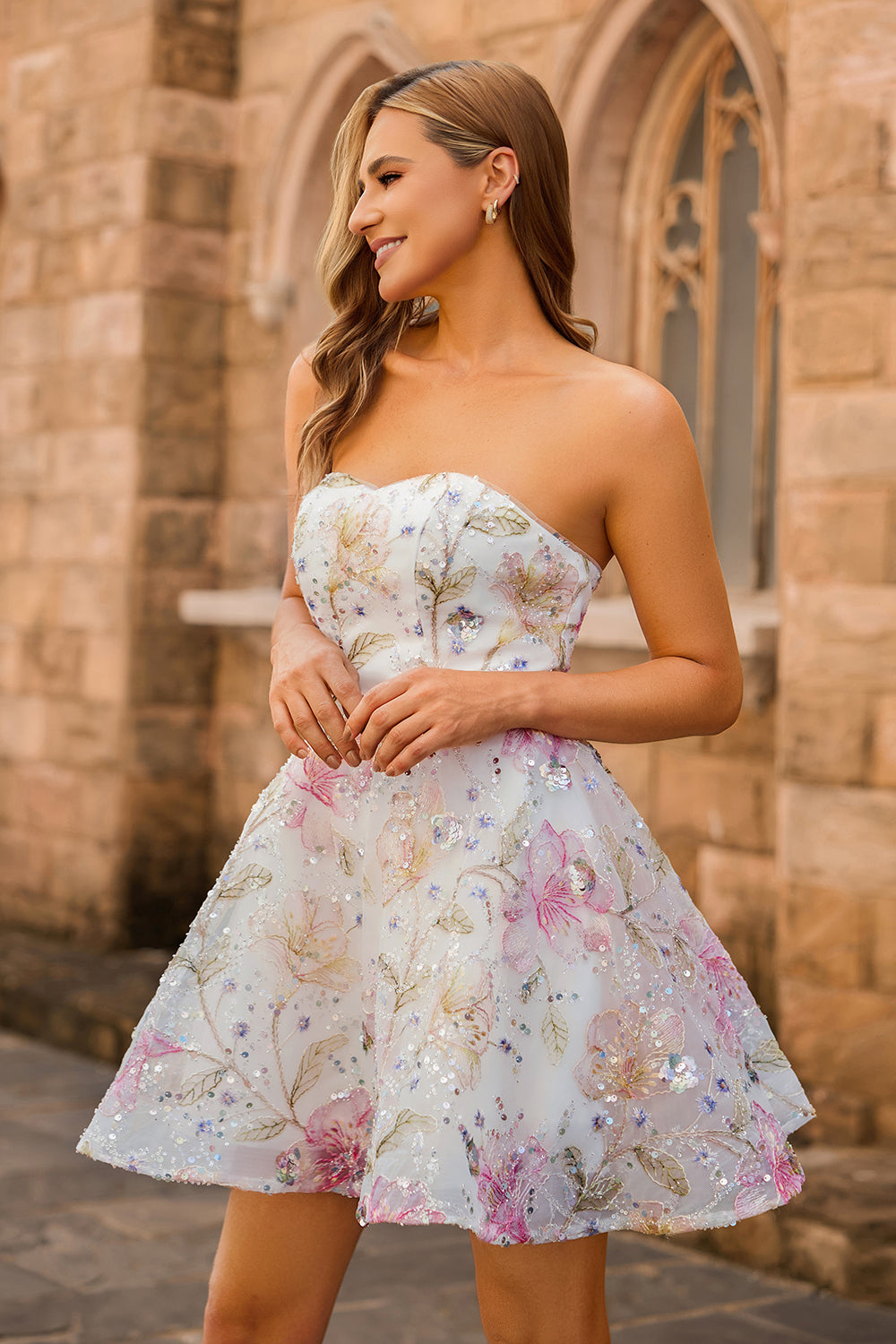 Sparkly Pink Floral Short A Line Homecoming Dress