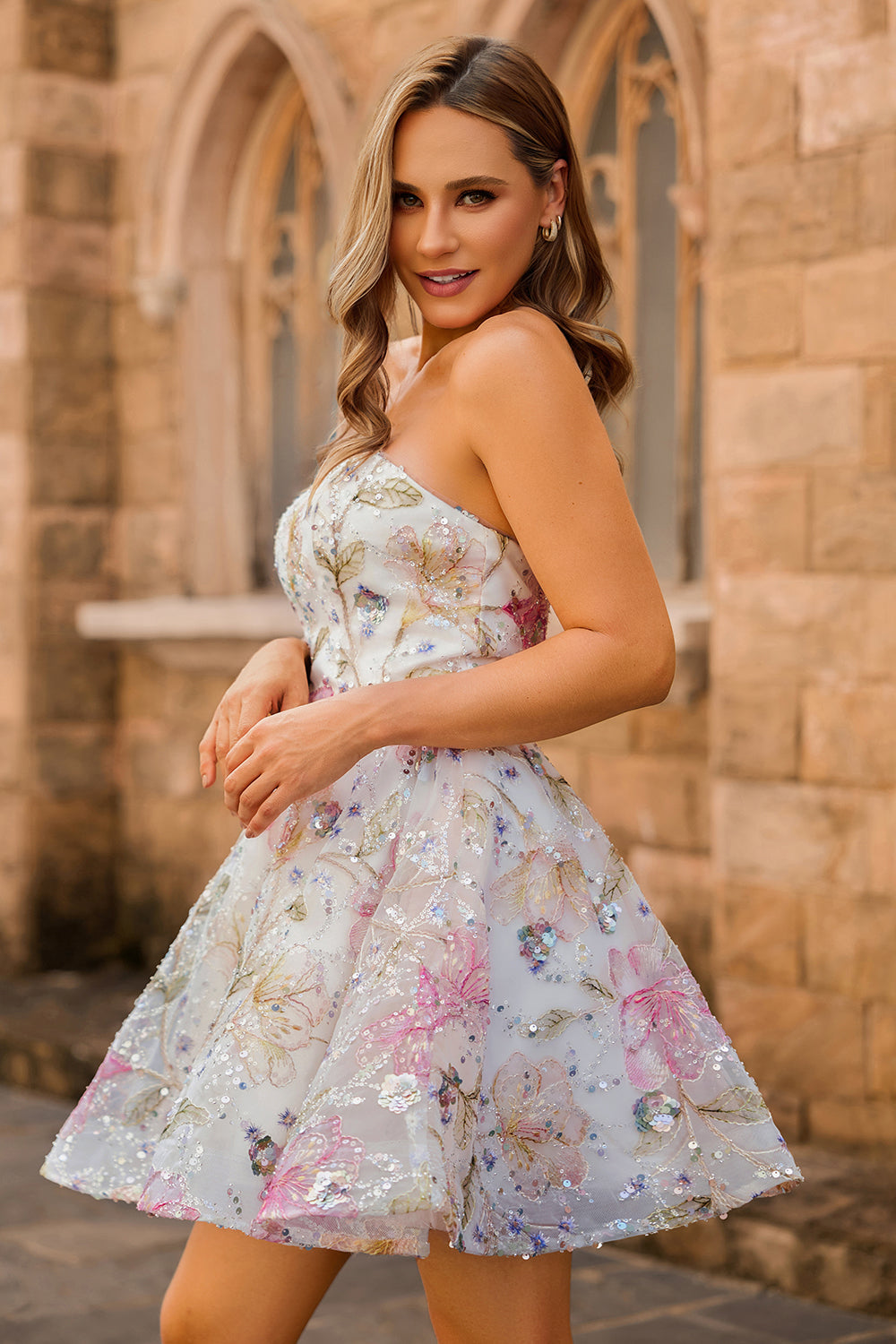 Sparkly Pink Floral Short A Line Homecoming Dress