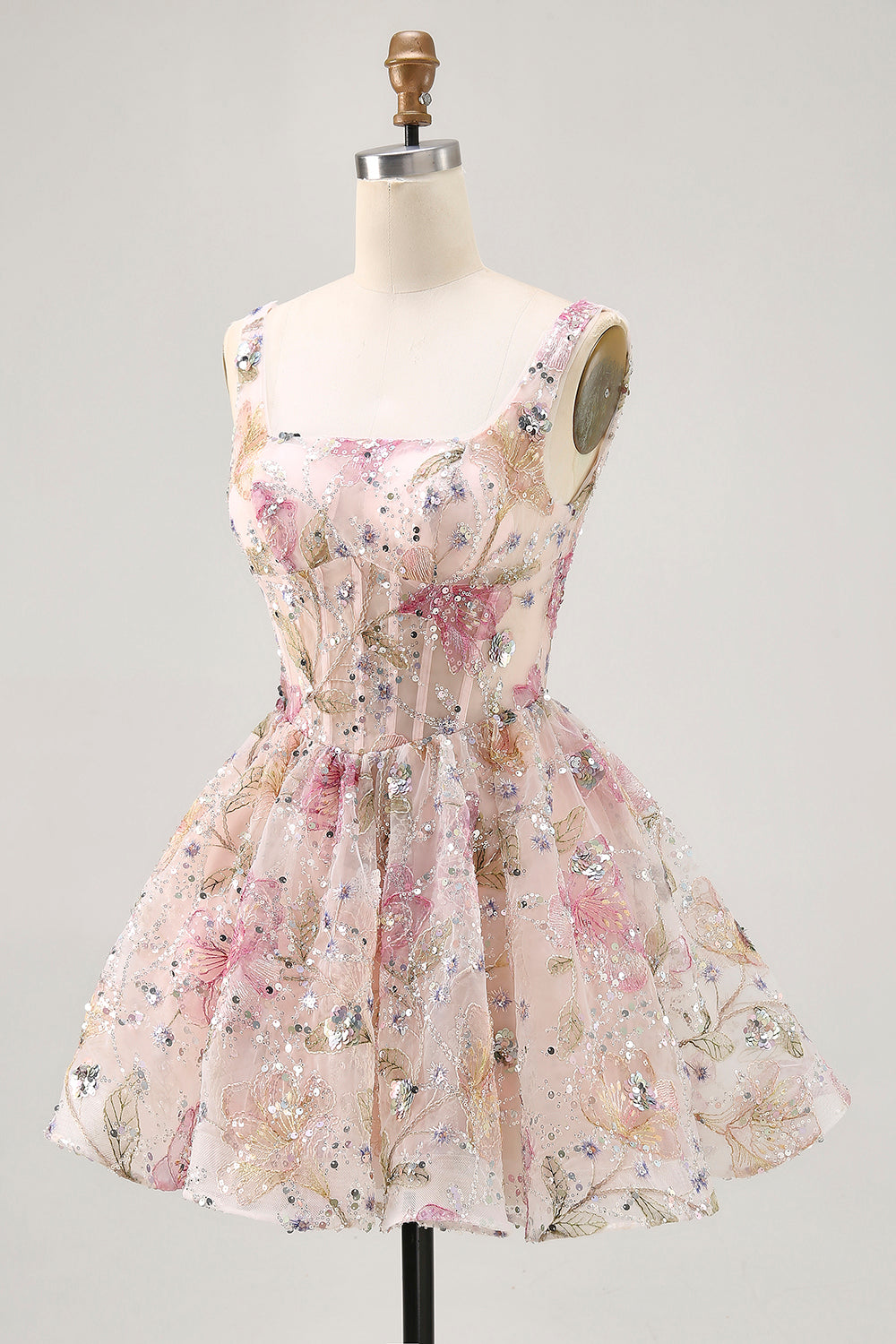Sparkly Pink Floral Corset Beaded Short Homecoming Dress with Sequins
