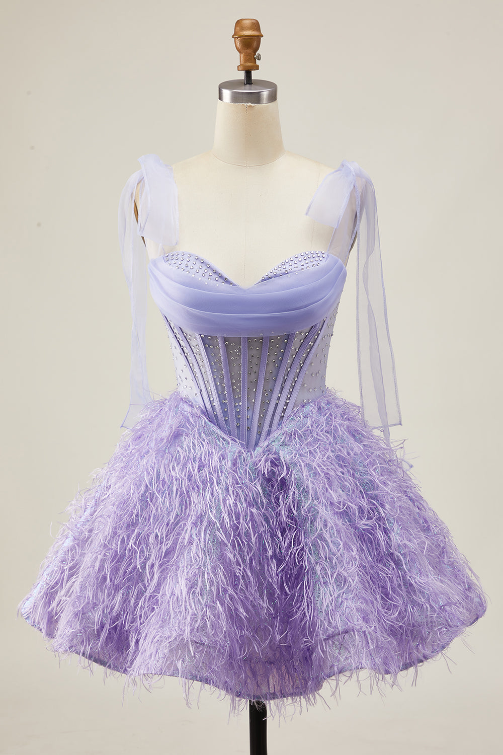 Sparkly Lilac A Line Corset Short Beaded Homecoming Dress with Feathers