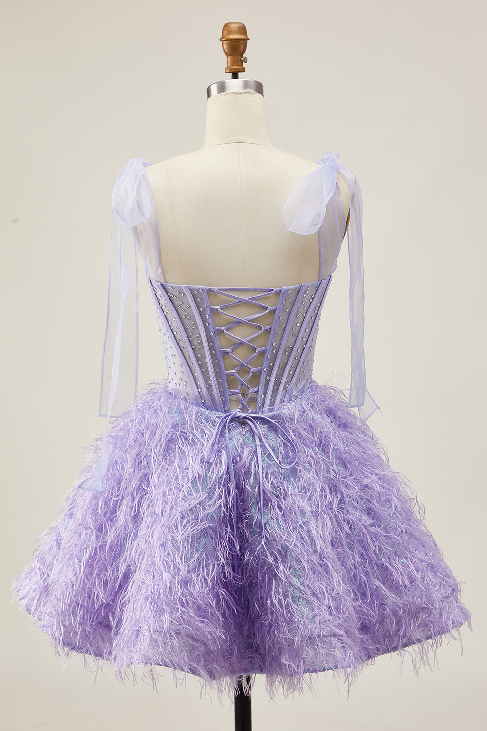 Sparkly Lilac A Line Corset Short Beaded Homecoming Dress with Feathers
