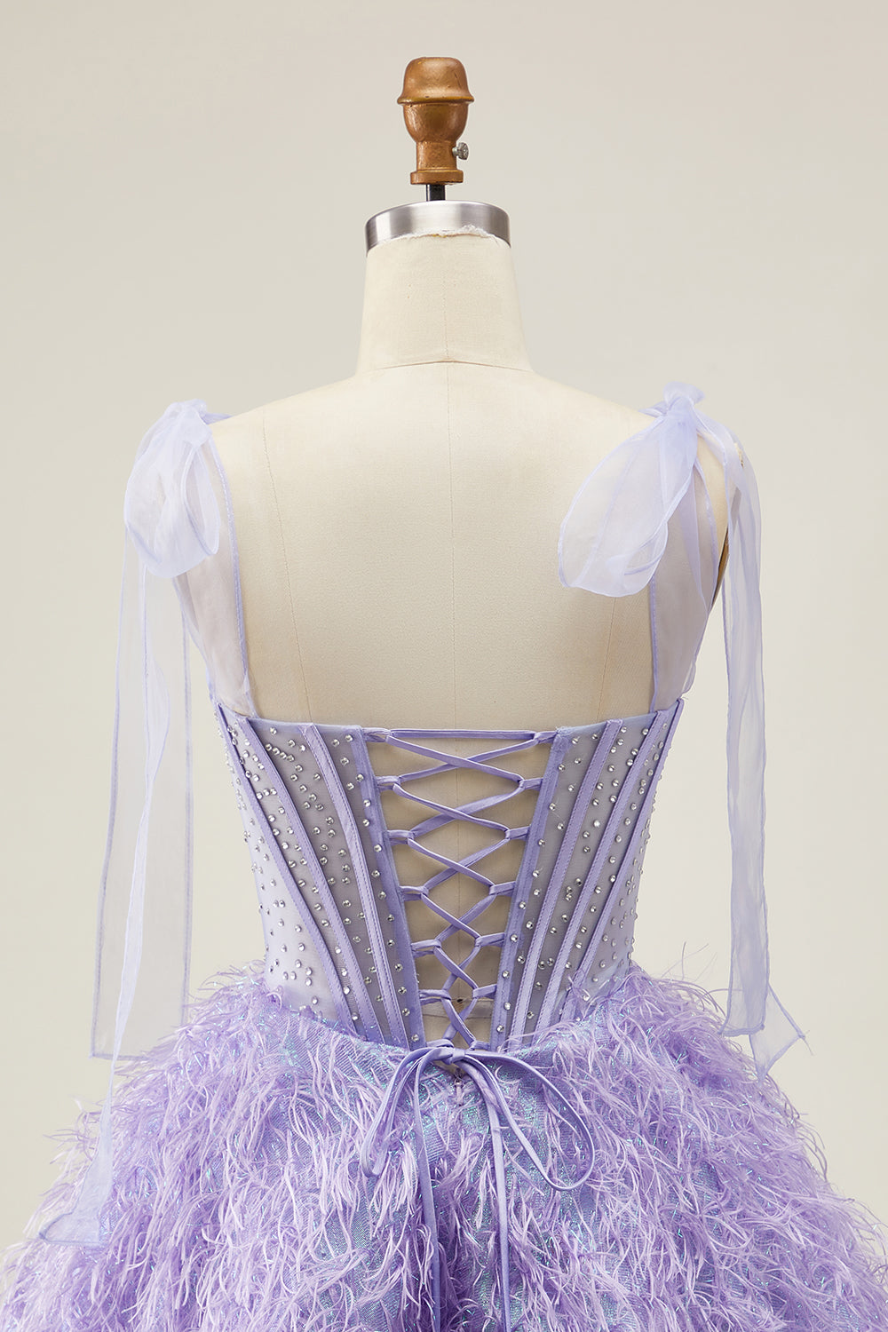 Sparkly Lilac A Line Corset Short Beaded Homecoming Dress with Feathers