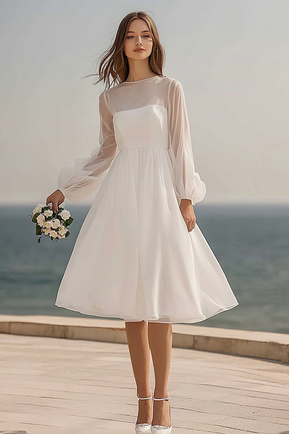 Ivory Tulle Long Sleeves Midi Bridal Shower Dress