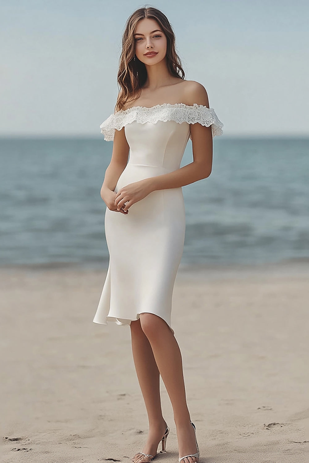 Ivory Satin Bodycon Midi Bridal Shower Dress with Lace