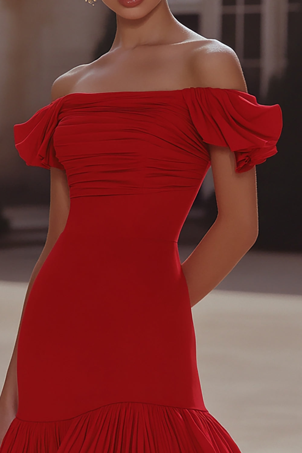 Red Off the Shoulder Tight Short Ruched Homecoming Dress