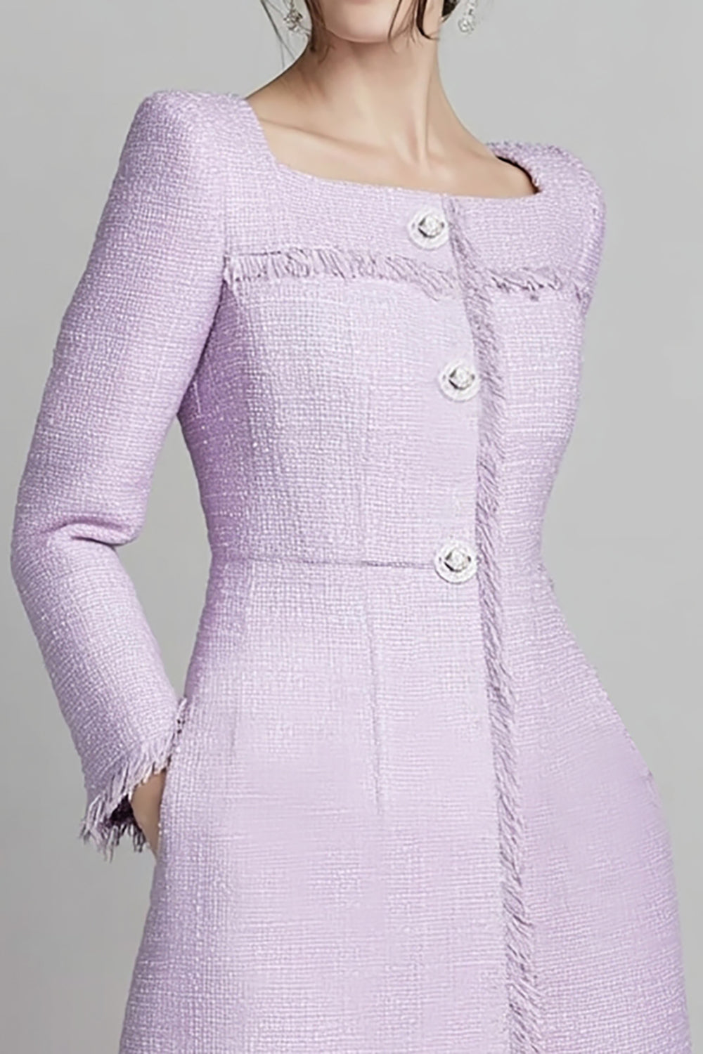 Lilac Tweed Square Neck A Line Midi Homecoming Outfits with Sleeves