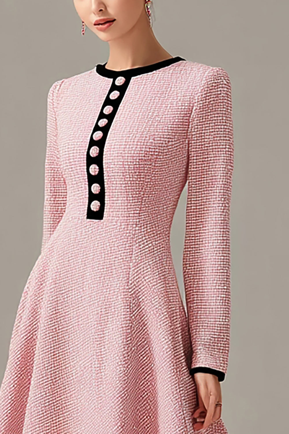 Pink Tweed A Line Long Sleeves Midi Homecoming Outfits with Buttons