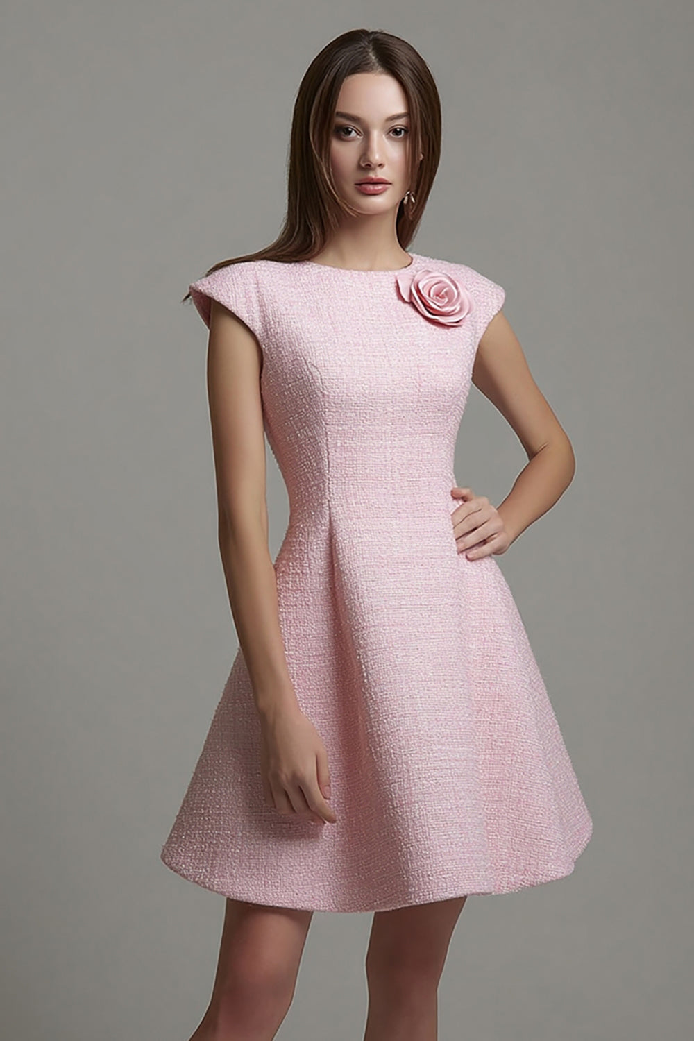 Pink Tweed A Line Cap Sleeves Short Homecoming Outfits with 3D Flowers