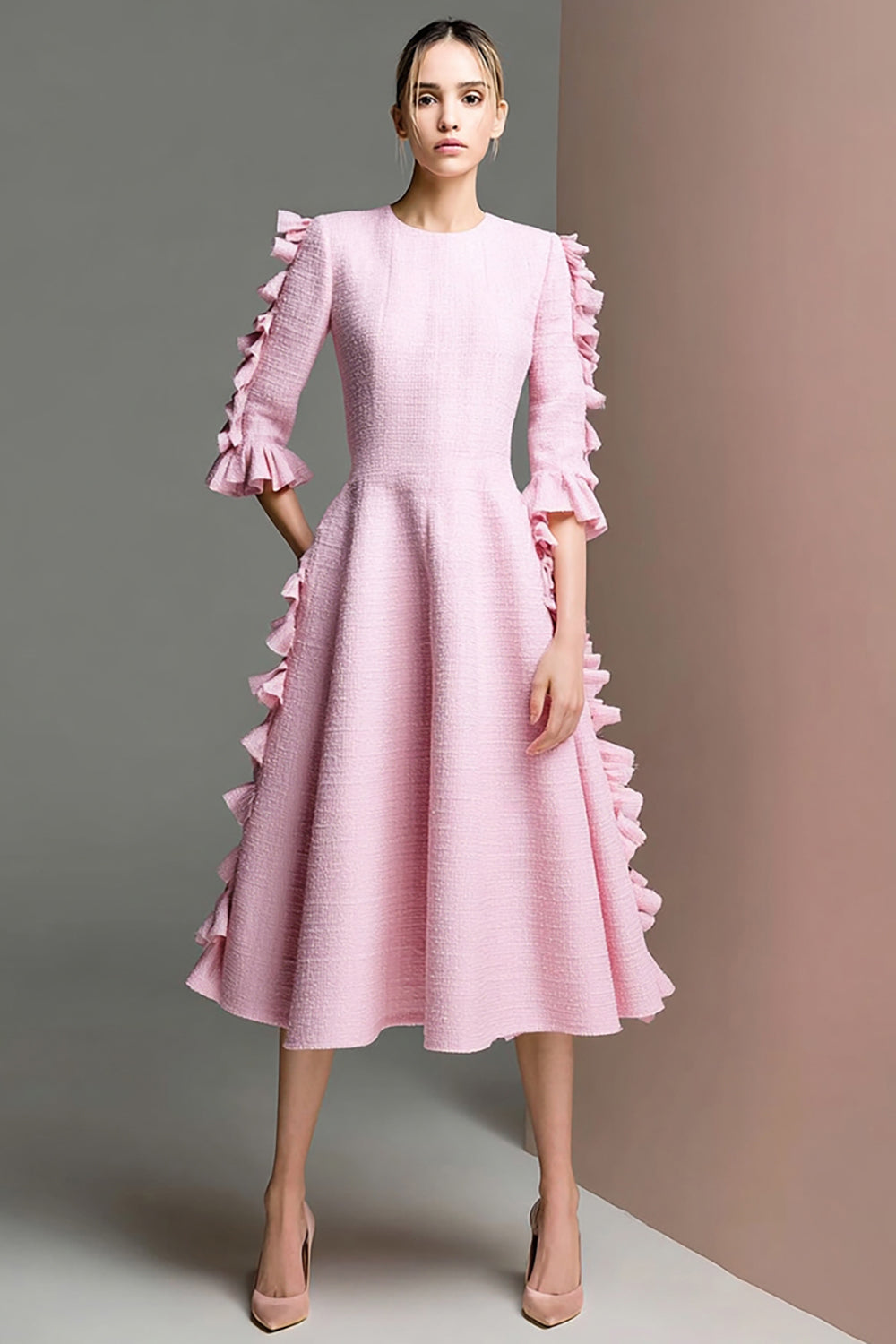 Pink Tweed Half Sleeves Midi Homecoming Dress with Ruffles