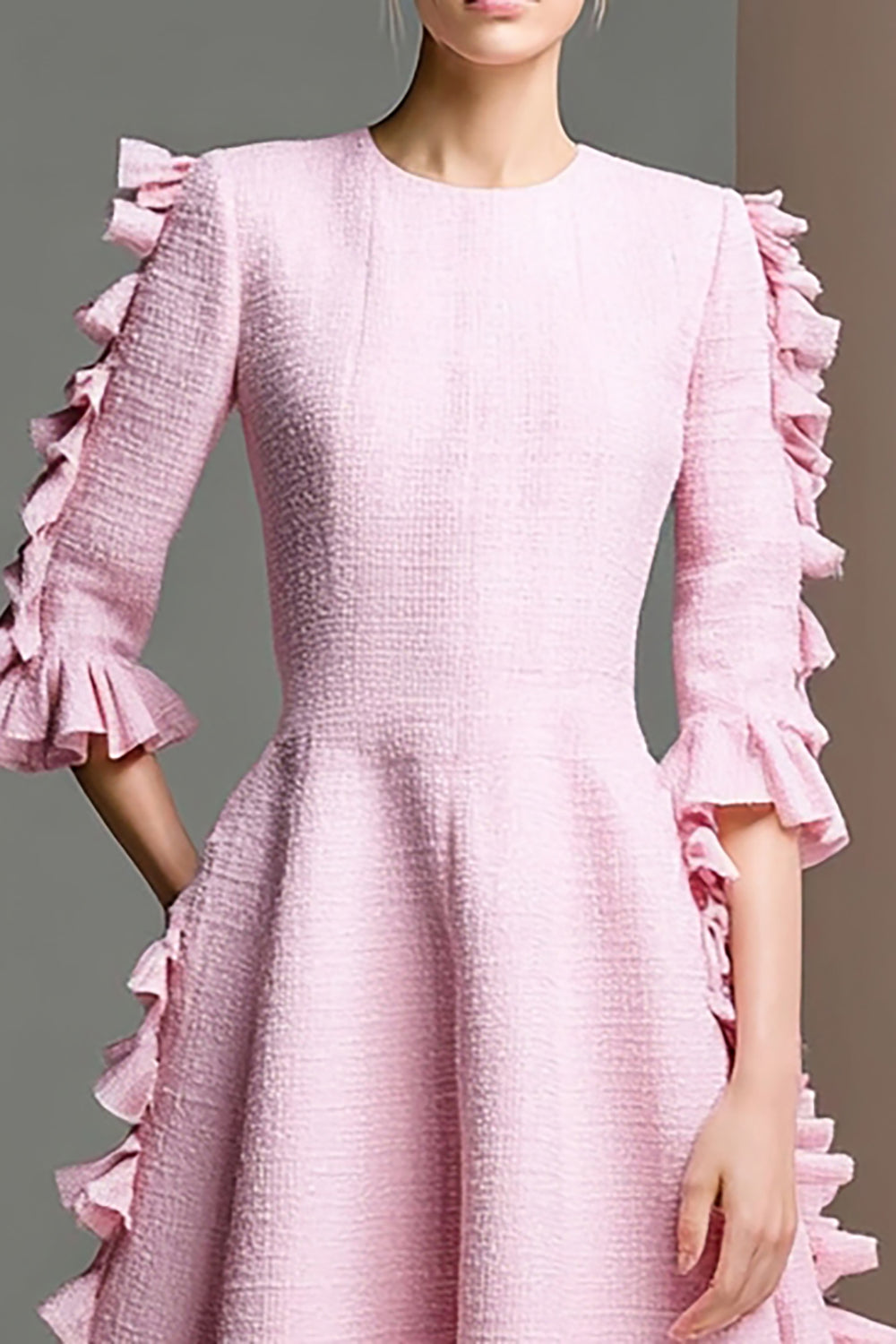 Pink Tweed Half Sleeves Midi Homecoming Dress with Ruffles