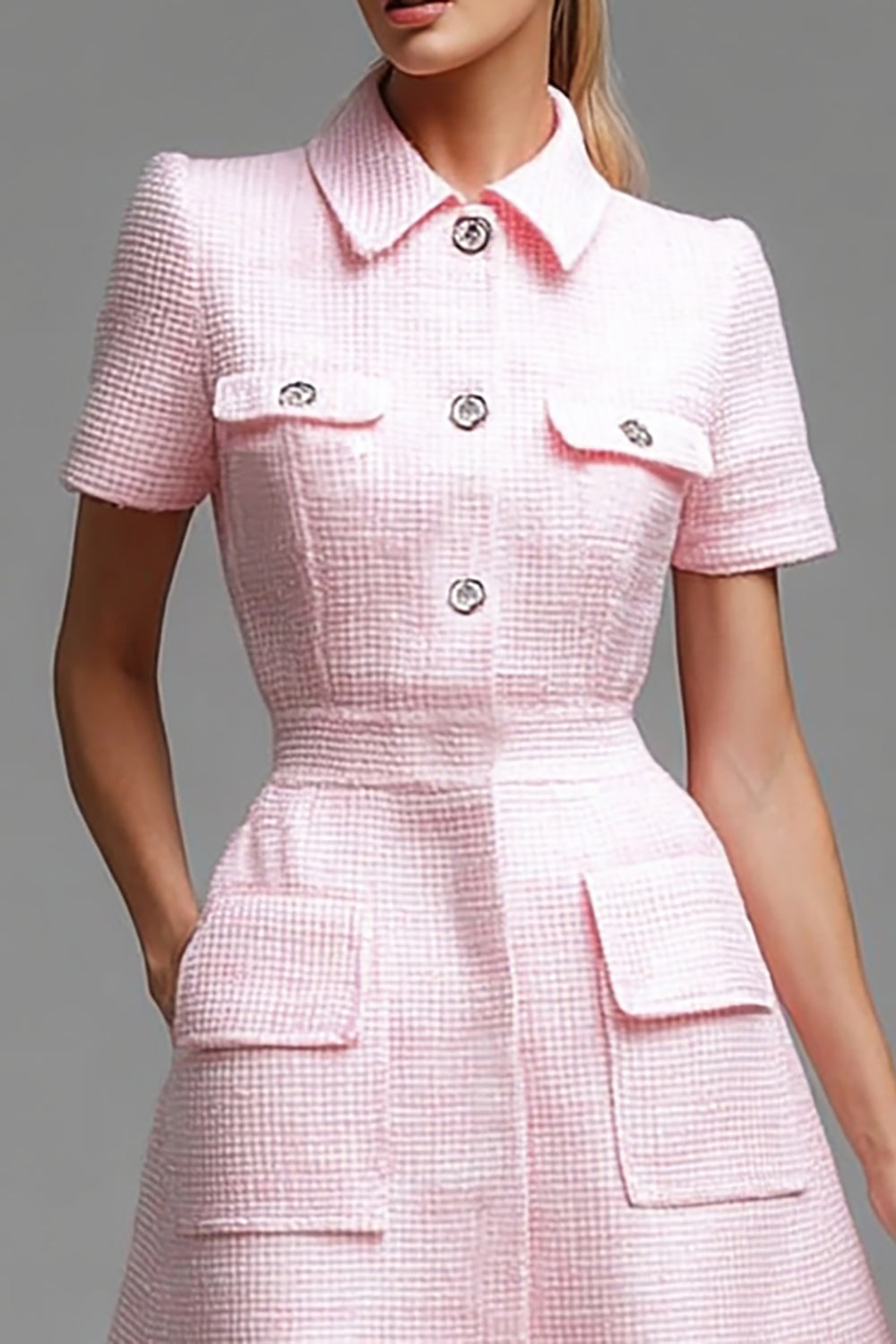 Pink Tweed Short Sleeves Homecoming Dress with Buttons
