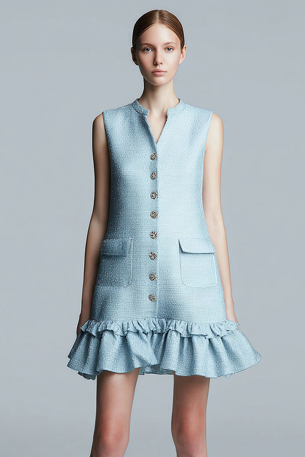 Sky Blue Tweed Tight Short Homecoming Dress with Ruffles