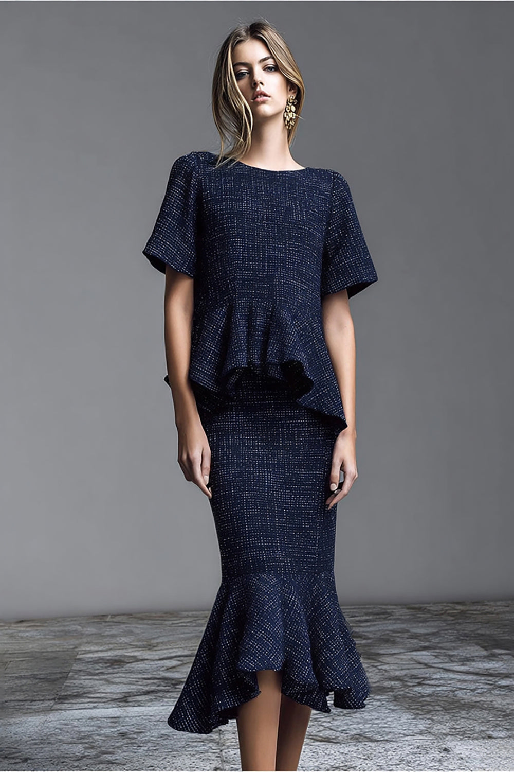 Navy 2 Piece Tweed Midi Homecoming Outfits with Ruffles