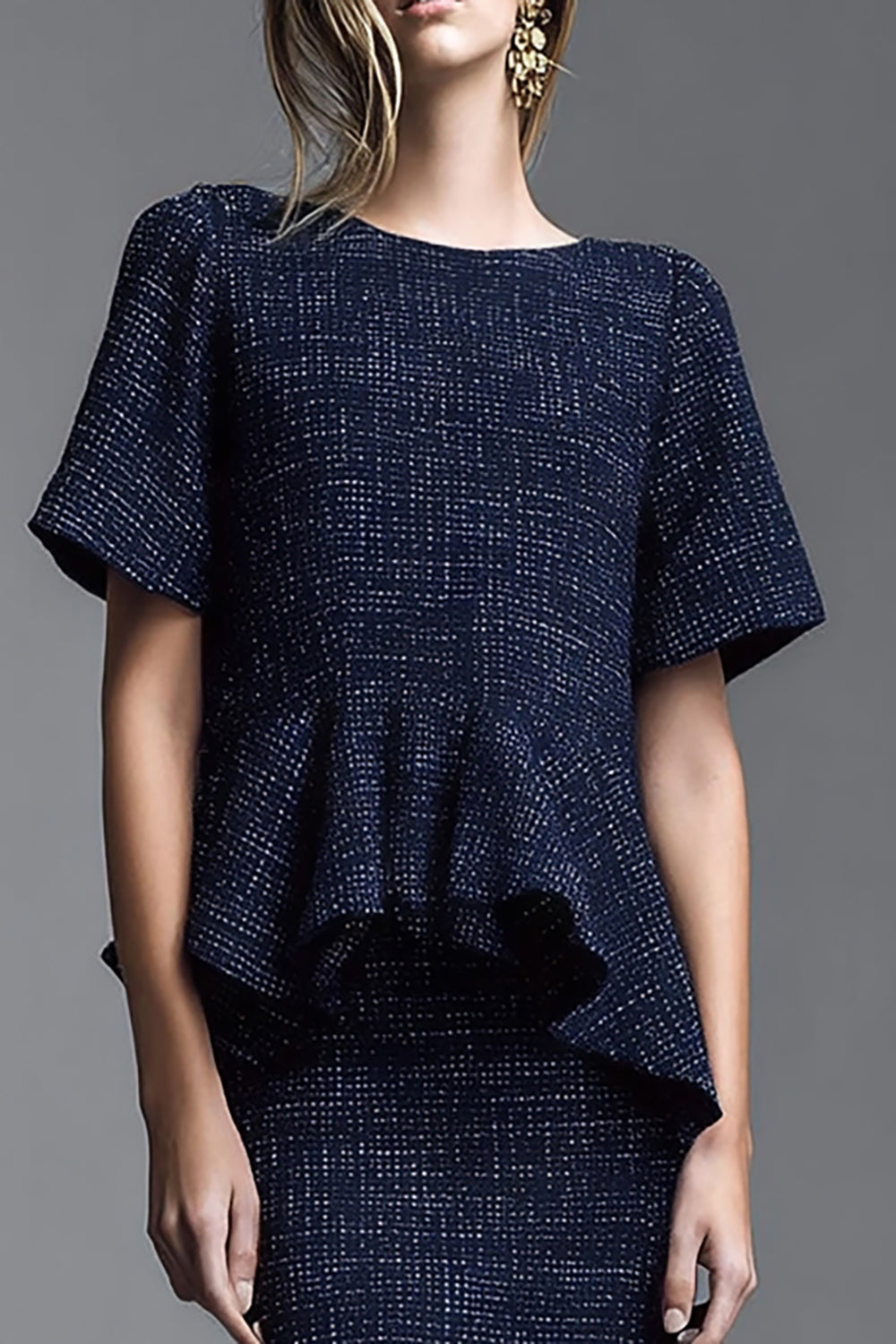 Navy 2 Piece Tweed Midi Homecoming Outfits with Ruffles