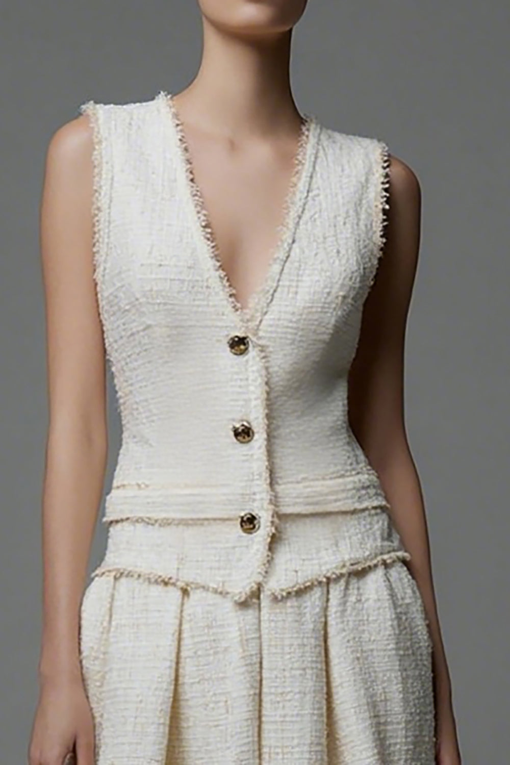 Ivory 2 Piece Tweed Short Homecoming Outfits with Buttons