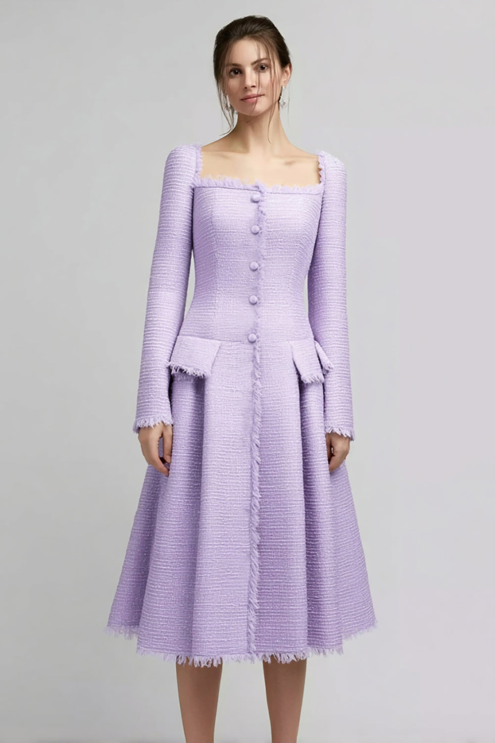 Lilac Tweed Square Neck Midi Homecoming Outfits with Sleeves